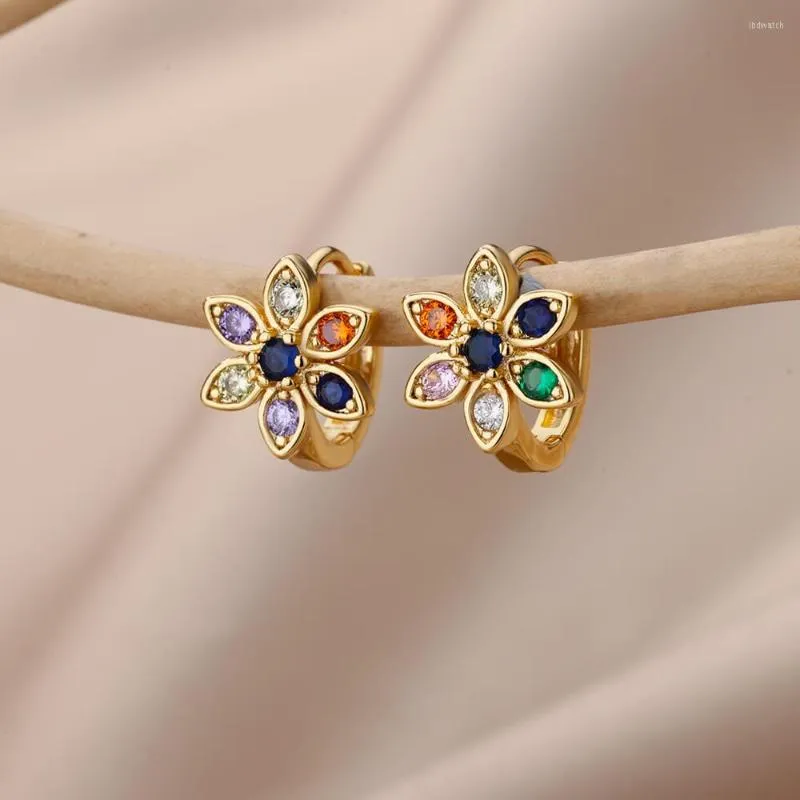 Hoop Earrings Colorful Luxury Zircon Flower For Women Stainless Steel Petal Sunflower Shiny Jewelry Wedding Party Gift