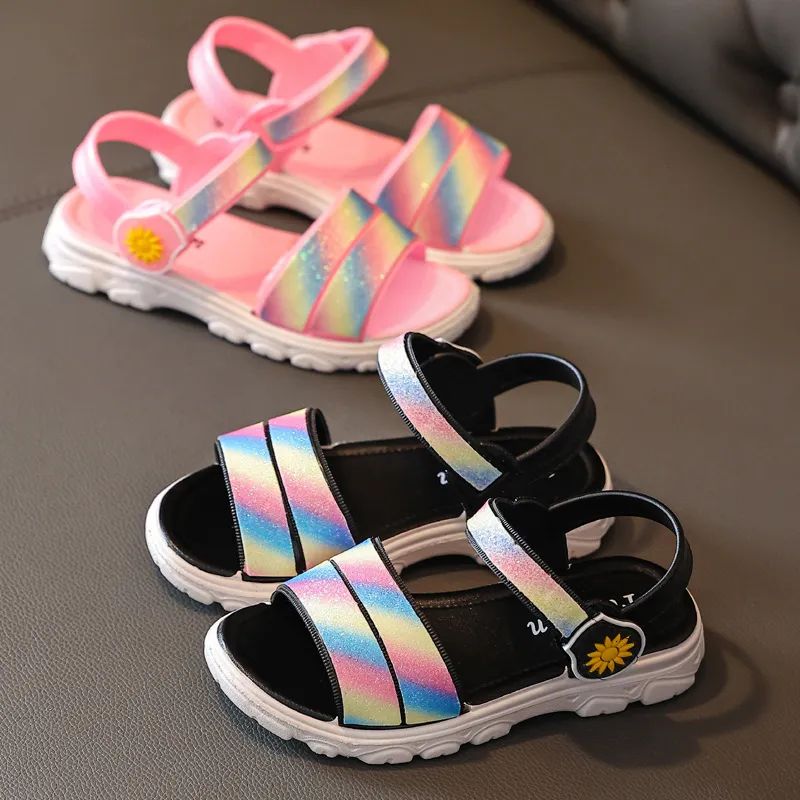 First Walkers 2 8 Years Girls Rainbow Sandals Summer Kids Beach Shoes Girl Fashion Princess Sandal Children Flats Chaussure Enfant Fille 230411