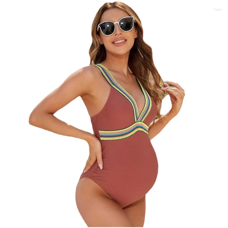 Kadın mayo 2023 annelik yaz seksi kadın kıyafetleri V boyun Patchwork hamile banyo plaj kıyafeti Premama mayo