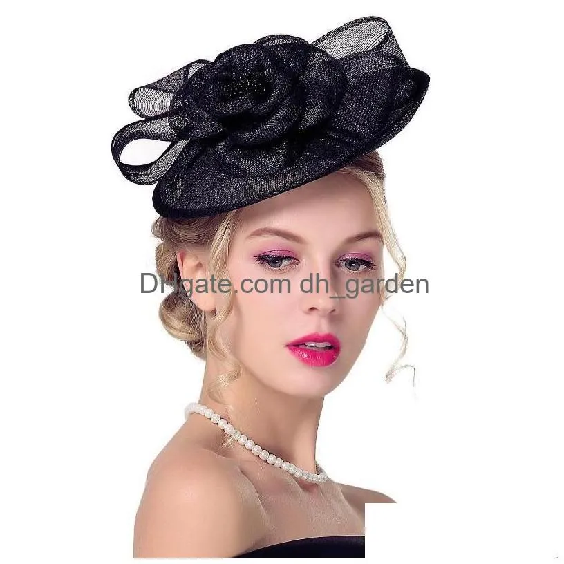 Sombreros de ala tacaña Sombreros de ala tacaña Tocado de lino para mujer británica Negocios Elegante Sombrero de copa Cena Fiesta Boda Pografía Brid Dhgarden Dhin3