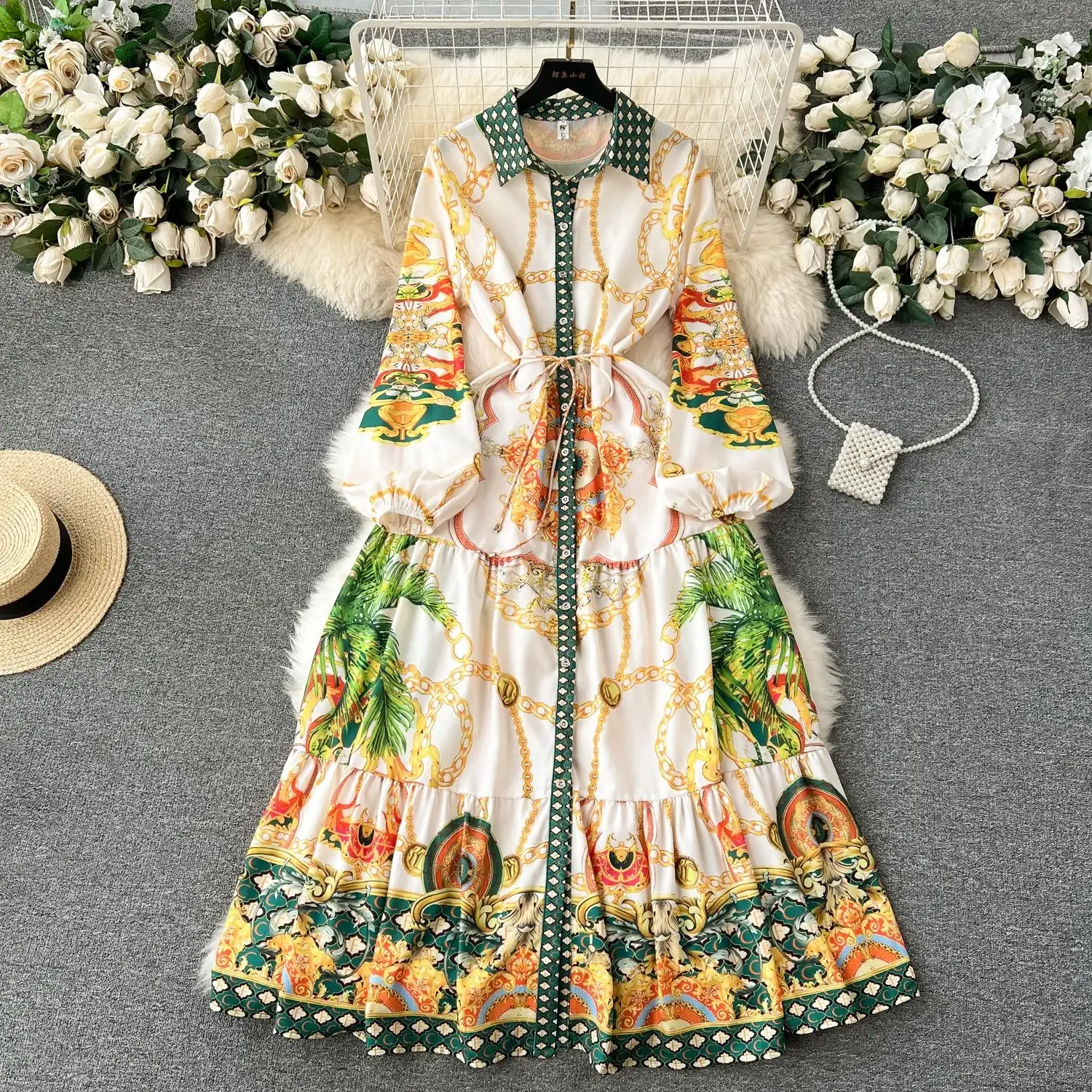 Podstawowe sukienki swobodne Autumn Bohemian Single Bered Botton Botton Linen Dress Women Lapel Collar Clar Vintage Print koronkowy pasek MAXI Vestidos 2024