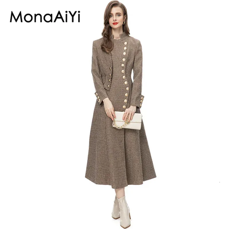 Damen Wollmischungen MonaAiYi Runway Fashion Designer Mantel Bird Lattice SingleBreasted Metal Lion Buttons High Street Khaki Coat 2023 231110