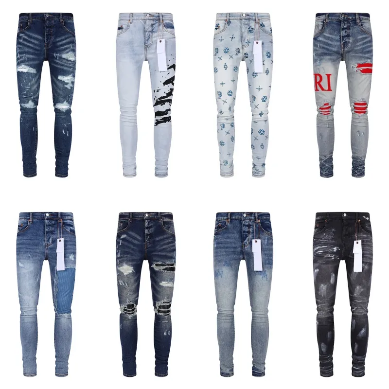 Lila Jeans, neueste Designer-Jeans für Herren, gestapelte Herren-Jeans, Baggy-Denim, Tränen, europäische Jeans, Herrenhose, Biker-Stickerei, zerrissen, für Trendgröße 28–40