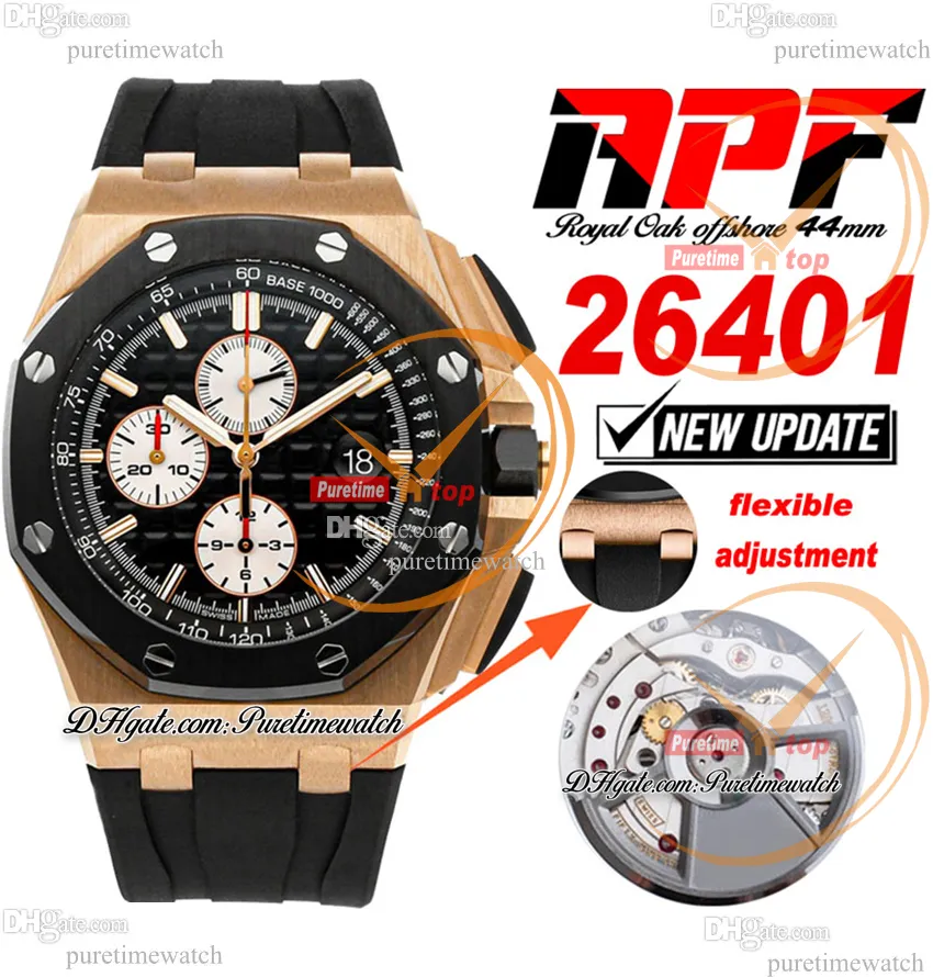 APF 44 mm 26401RO A3126 Automatik-Chronograph Herrenuhr Roségold Schwarz Keramiklünette Weißes Hilfszifferblatt Gummi Exklusive Technologie Superversion Puretimewatch A1