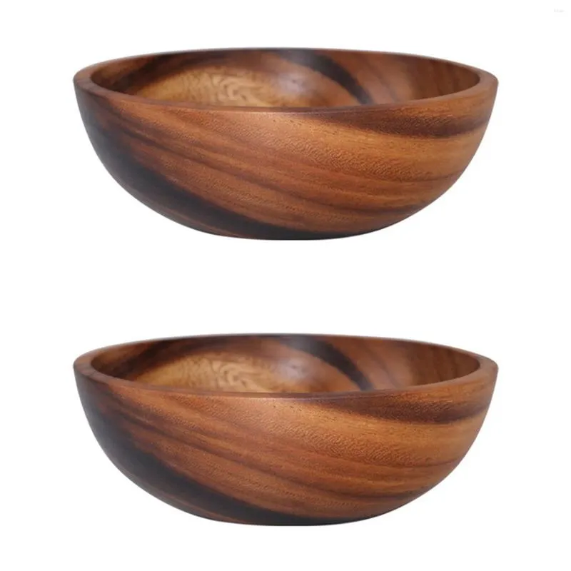 Bowls (5 In A Dozen)2X Natural Hand-Made Wooden Salad Bowl Classic Large Round Soup Dining Plates Wood Kitchen Utensils