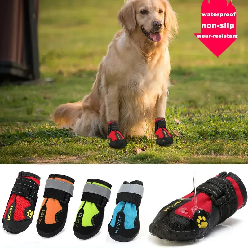 Pet Protective Shoes 4pcsset Pet Dog Shoes Reflective Waterproof Dog Boots Warm Snow Rain Pets Booties Anti-slip Socks Footwear For Medium Large Dog 231110