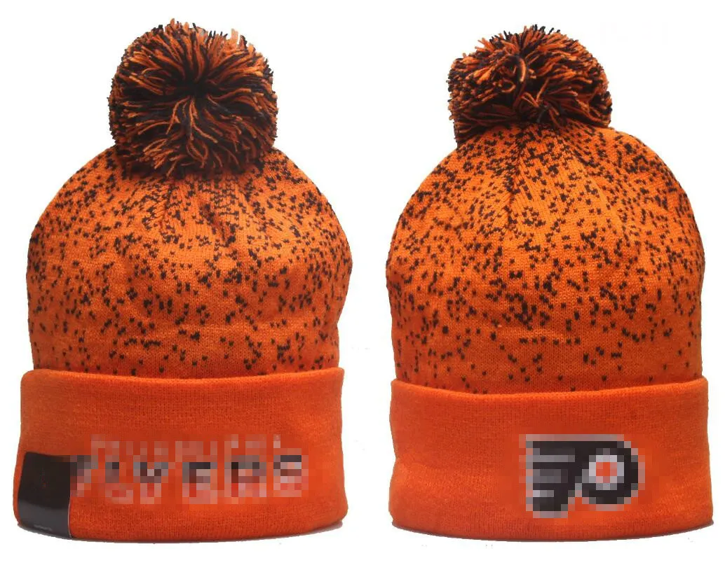 Herrmössor Flyers Beanies Philadelphia Beanie Hats Alla 32 lag Stickade manschetterade pom randiga sidelinjen Warm USA College Sport Stick Hat Hockey Cap för Women's A1