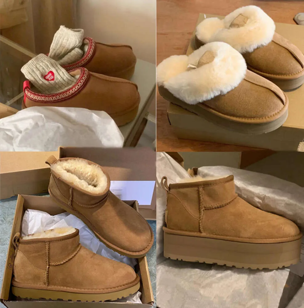 Ultra Mini Snow Boots Winter Australia Platform Classic ankel mjuk bekväm fårskinn Tazz Chestnut Sand Mustard Seed Booties tofflor Bomullsstövlar vinter