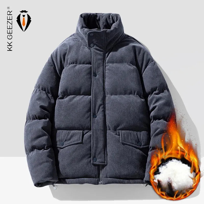 Mens Down Parkas Winter Jackets Män tjocka corduroy Varma rockar svart dike Autumn överdimensionerad vindbåt bomull Löst ficka manlig vattentät vadderad 231110