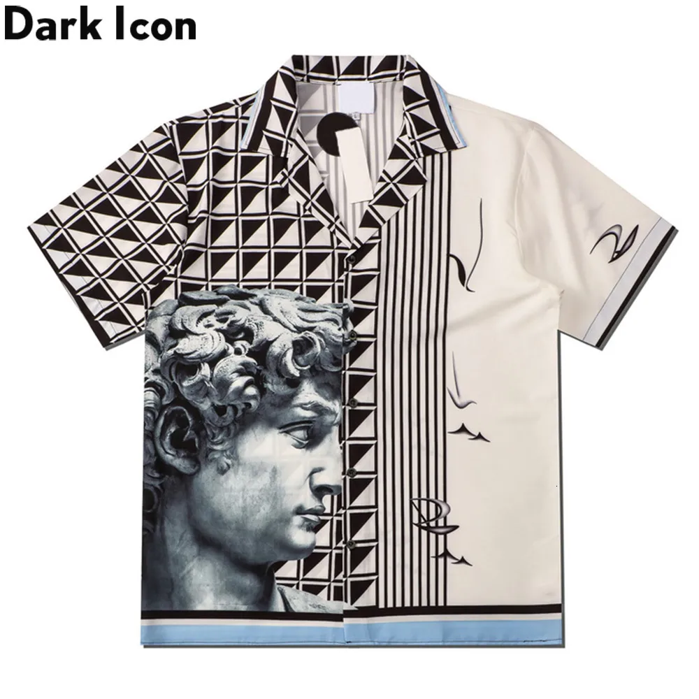 メンズカジュアルシャツ暗いアイコン印刷されたポロシャツメンサマーストリートウェアメンズシャツハワイアンシャツ男230411