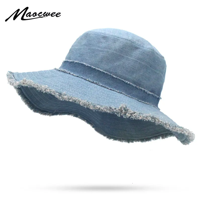 Stingy Brim Hats Womens Denim Bucket Hat Male Korean Style Casual Cowboy Fishing Caps Fashionable Spring Summer Cool Jeans Tassel Sun Hats 230411