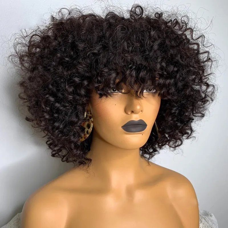 180 Densidade Cabelo Curly Human Wigs para mulheres Bob Wigs Bob Black/vermelho/loiro Pixie Cut Wig Winky Curly Synthetic Wig com franja