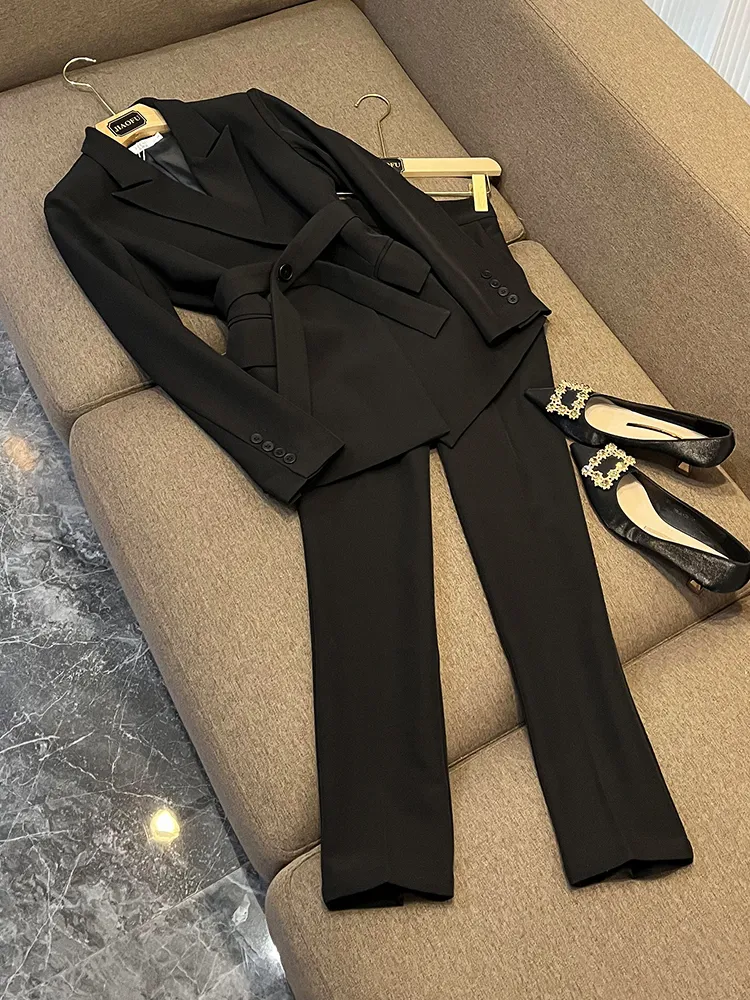 2023 Autumn Black Solid Color Two Piece Pants Sets Long Sleeve Notched-Lapel Belted Blazers Top With Long Pants Set 3 Pieces Blazer Suits O3N02812