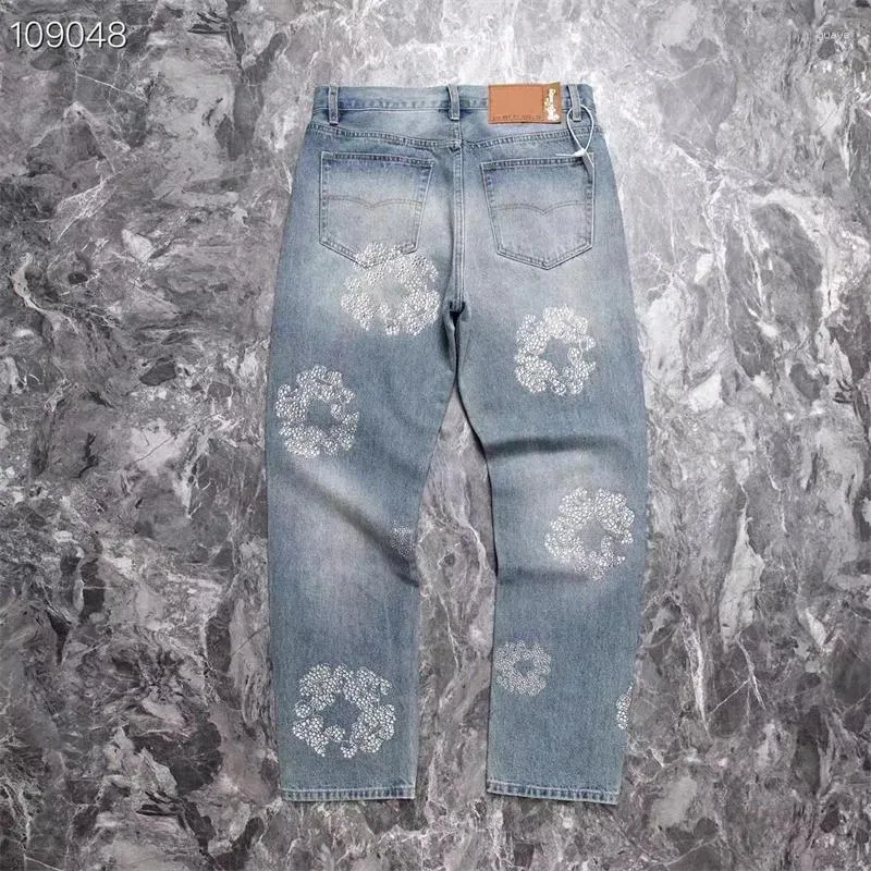 Herr jeans 2023diamond inlaid Kapok män kvinnor blått ljus trevligt tvättat tungt tyg överdimensionerad denim byxor