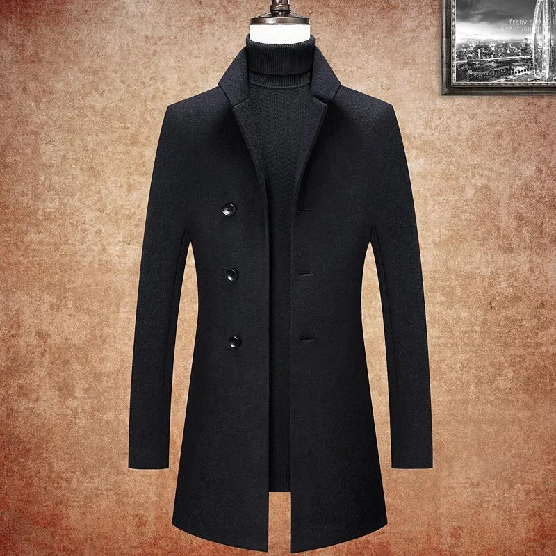 Casacos de trincheira masculino Casual Outono Inverno 47%lã mistura a cor preta Jackets de algodão no meio do algodão