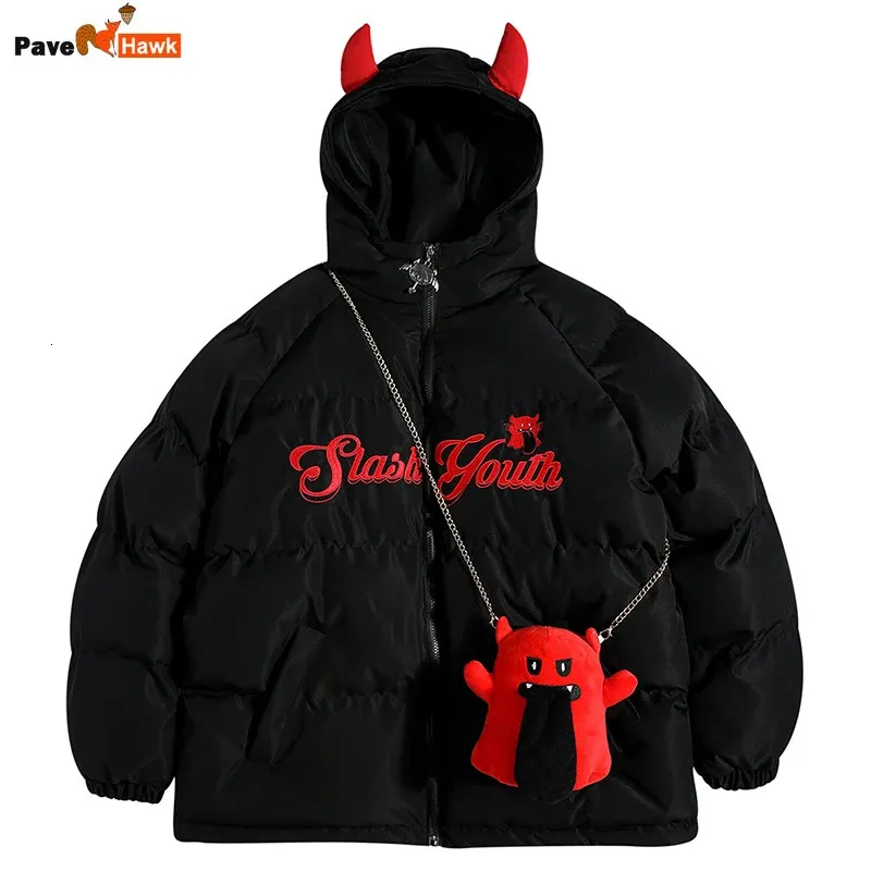 Kurtki męskie Hip Hop Parkas Kurtka mężczyzn Kobiety High Street Devil Horns Wing.Doll Torba Wyściełana Zakaplowana Płaszcz Grube Pietak Bubble Płaszcze UNISEX 231110