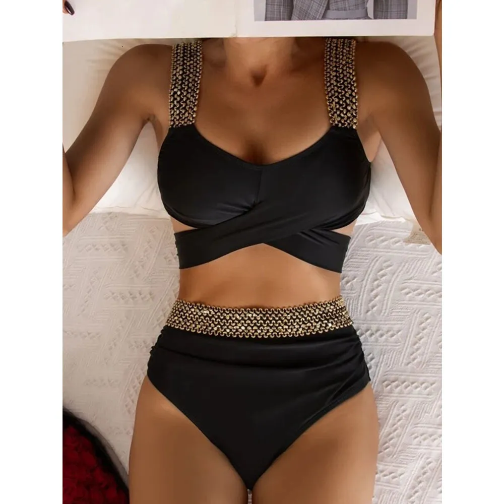 Traje de baño de dos piezas para mujer, traje de baño cruzado con lazo en la espalda, traje de baño de cintura alta con Control de barriga, conjunto de Bikini con curvas, traje de baño biquini 230411