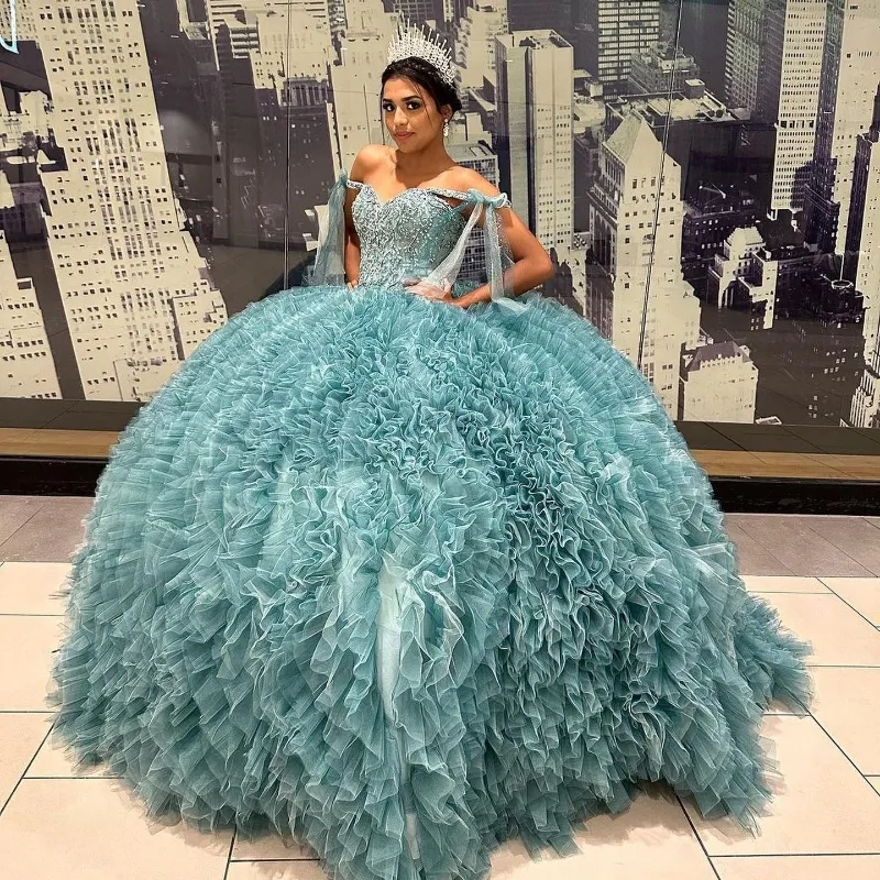 Aqua blå älskling quinceanera klänningar 2024 pärlor tull tiered mexikanska vestidos de 15 anos princss födelsedagsfest klänningar