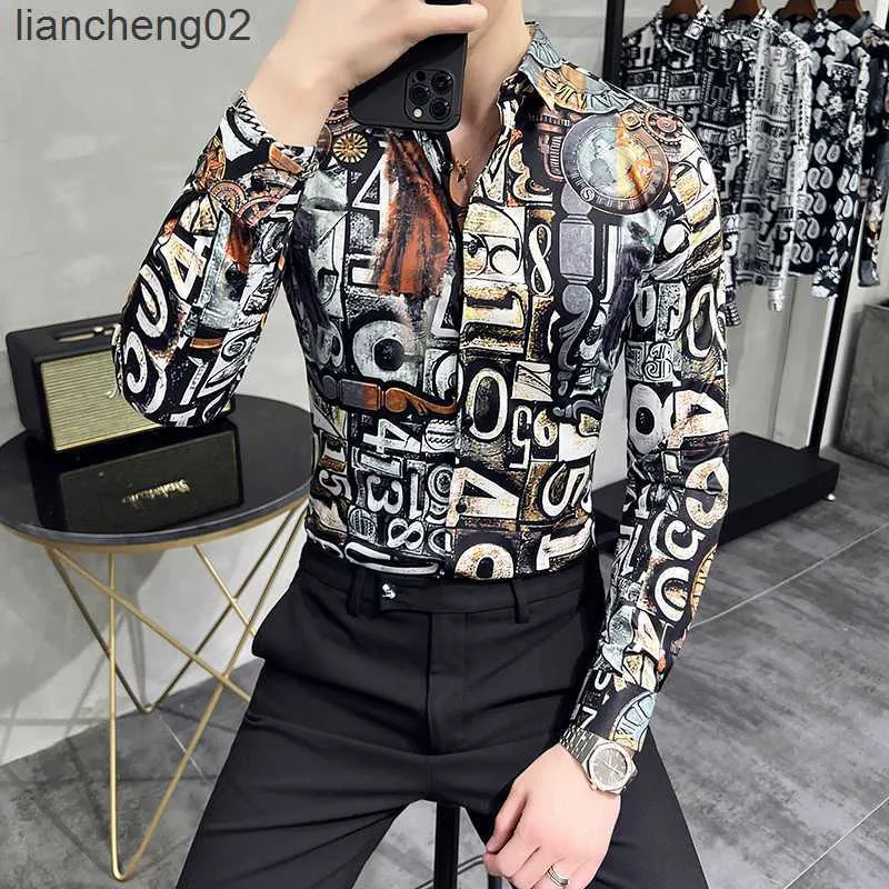 Men's Casual Shirts 2022 Autumn Long Sleeve Shirts Men Fashion Letter Print Slim Casual Business Formal Dress Shirts Social Streetwear Men Clothing W0410