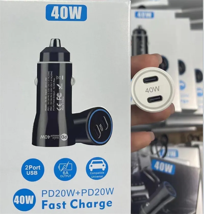 40W autolader Type C Quick Charge 3.0 Dual PD Telefoonadapter 5v3a CAR Sigarettenaansteker voor iPhone 14 13 Huawei Samsung Xiaomi met retailbox -pakket