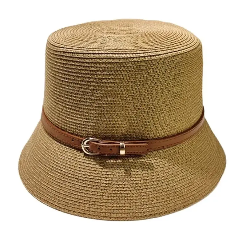 BeanieSkull Cap's Summer Bucket Hat Belt Decoration UV Protection Sun Cap Female Flat Top Beach Hats Straw Derby Travel 231110