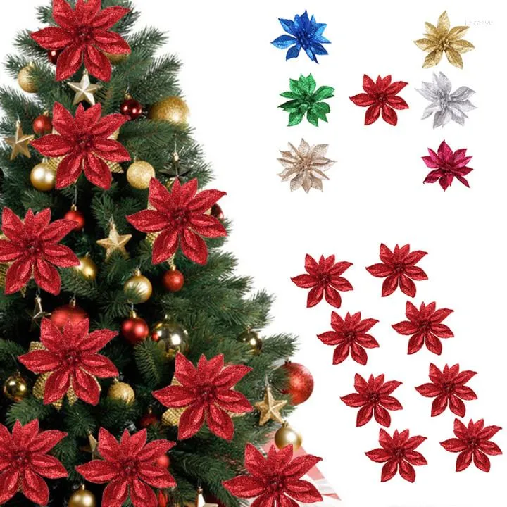 装飾的な花5pcs/lot 7cmクリスマスアーティフィカルキラキラポインセチアのための木の装飾品偽の花の装飾