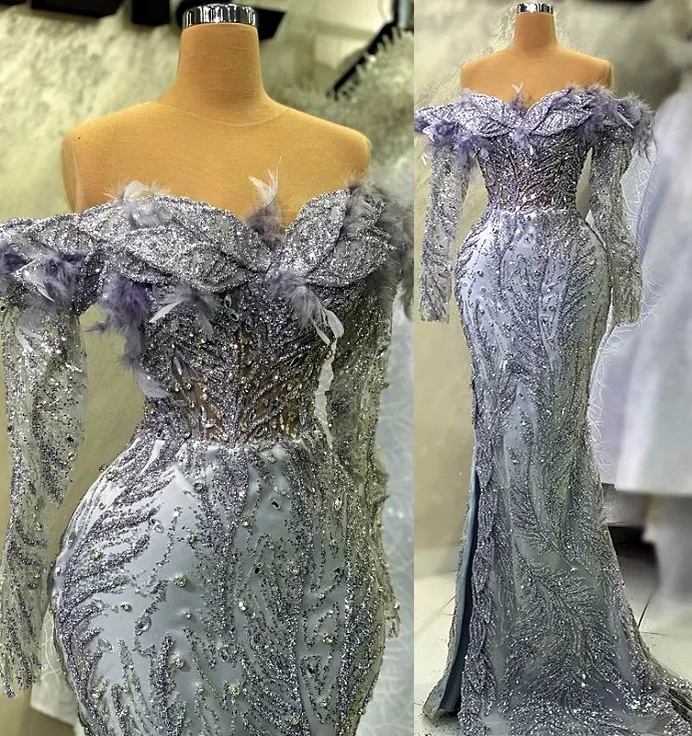 April ASO EBI Sier Meerjungfrau Prom Kleid Federkristalle Abend formelle Party Zweiter Empfangsgeburtstag Verlobungskleider Kleider Robe de Soiree ZJ512 407