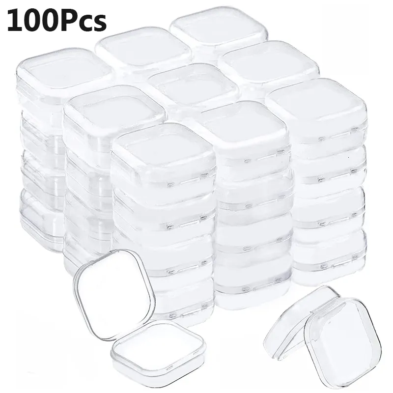 Storage Boxes Bins 100Pcs Small Boxes Square Transparent Plastic Box Jewelry Storage Case Finishing Container Packaging Storage Box for Earrings 230410