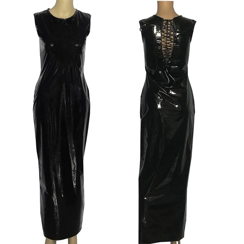 Casual jurken omkeerbaar-slijtage vrouwen kleden mouwloze zwarte PVC sexy boog lange veter o-neck vestido nachtclub paal dansen kostuum