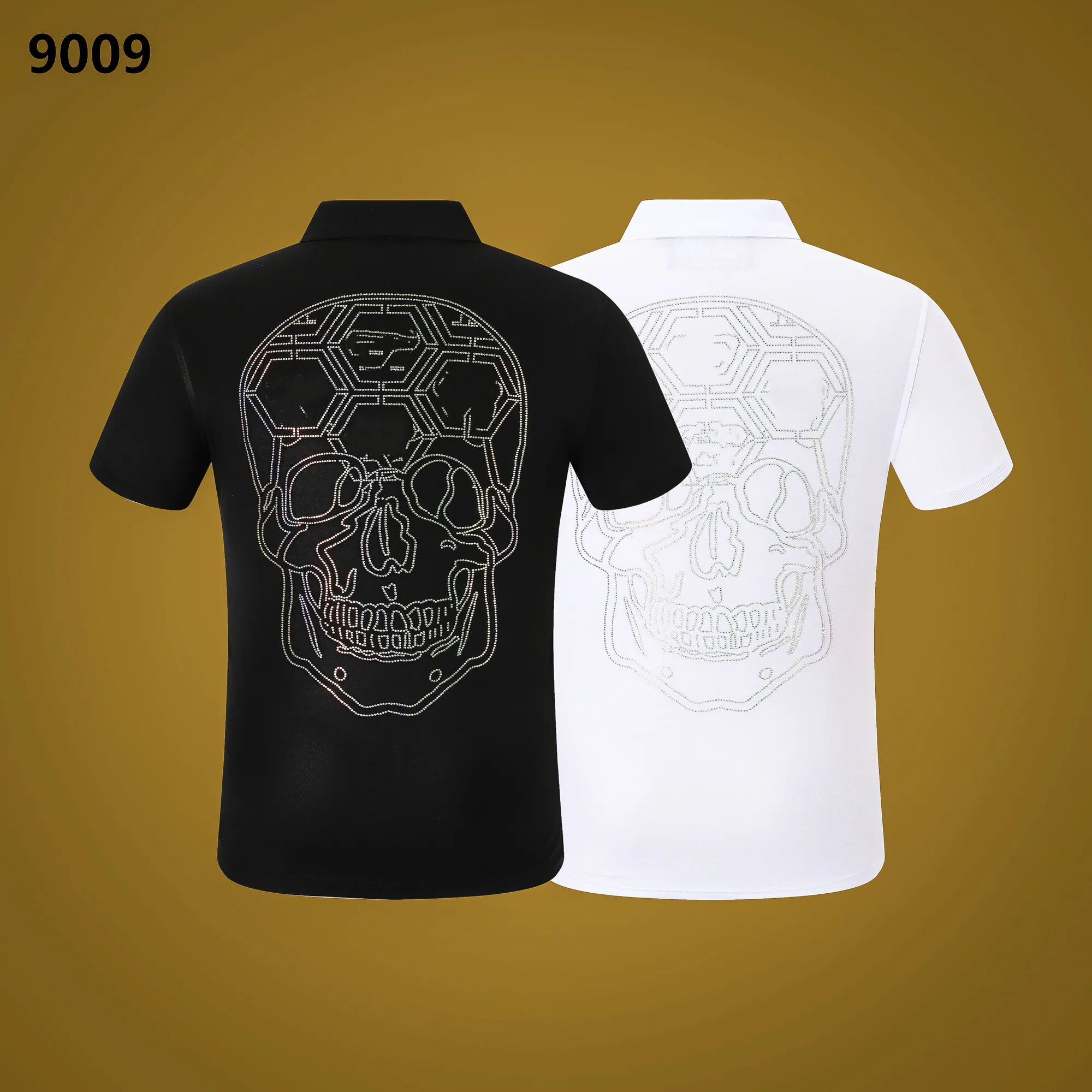 PP Fashion Men's Designer slim fit T-shirt Summer rhinestone Short Sleeve Round Neck shirt tee Skulls Print Tops Streetwear collar Polos tops PP9009