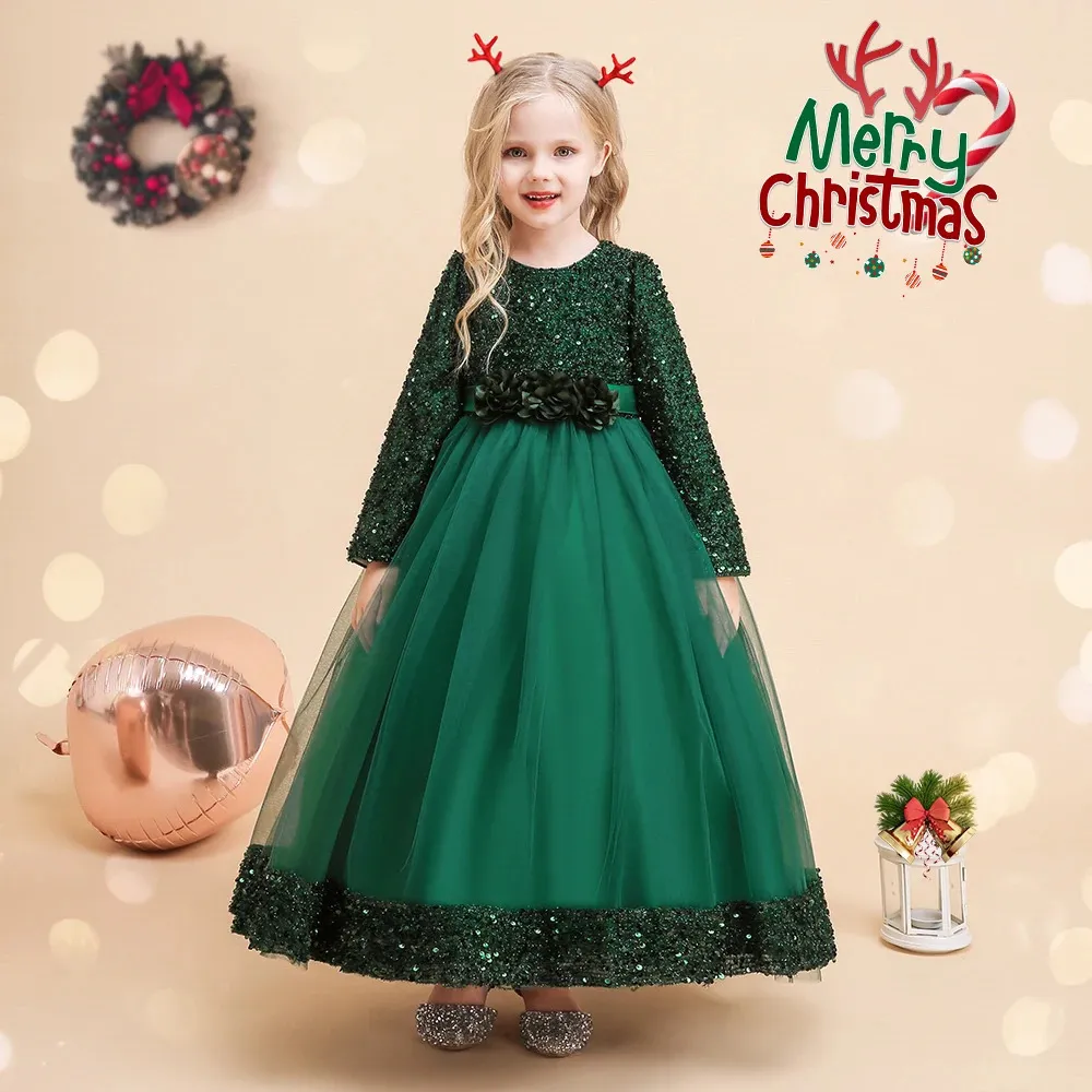 Girl's Dresses Christmas Princess Dress For Girls Children Costume Long Sleeve Sequin Wedding Evening Vestidos Kids Girl Birthday Party Dresses 231110