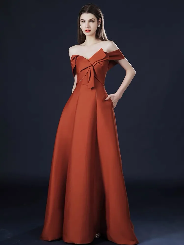 Sweetheart Evening Dresses Off The Shoulder A-Line Brick Red Backless Satin Simple Long Elegant Celebrity Prom Party Gowns 2023