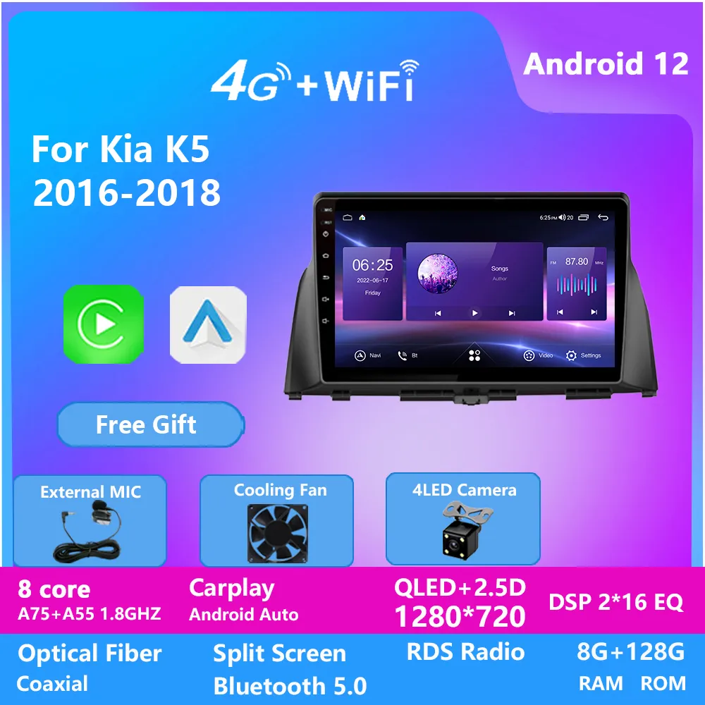 Autoradio Android 12, Carplay vidéo, lecteur multimédia, Audio stéréo, 2din, 10 pouces, pour KIA K5 2016 – 2018