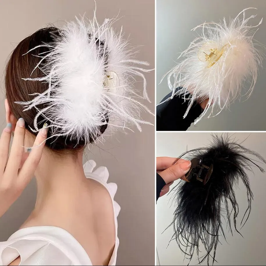 Barrettes en plumes d'autruche noires et blanches, griffes de cheveux, automne-hiver coréen, peluche moelleuse, épingle à cheveux, accessoires pour cheveux féminins, 2023