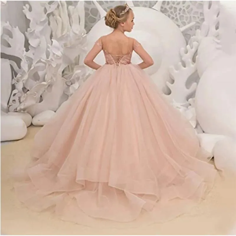 Robes de fille robe de fleur moelleux sans manches col rond dentelle haut long train enfants robe de mariée fête d'anniversaire Pageant enfant porte