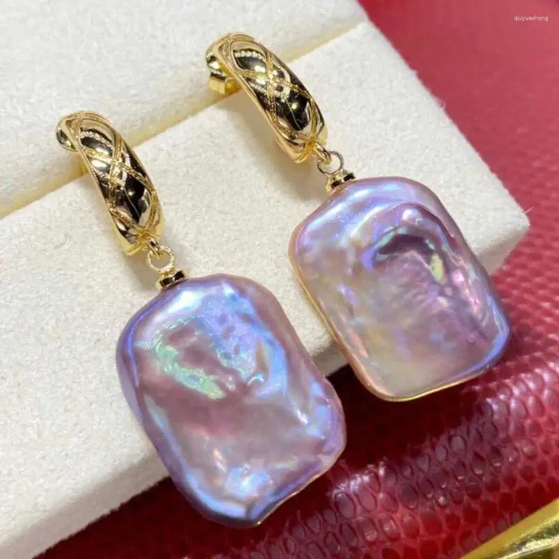 Boucles d'oreilles pendantes en forme de perle violette naturelle, pendentif carré plaqué or 18 carats, cadeau de fête des mères, de Pâques, de Saint-Valentin, de Thanksgiving, de carnaval