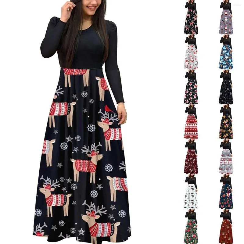 Casual Dresses Women Christmas Dress 2023 Autumn Winter Print Long Sleeve Swing Maxi Vintage Party Costume Vestidos Robe Femme Xmas