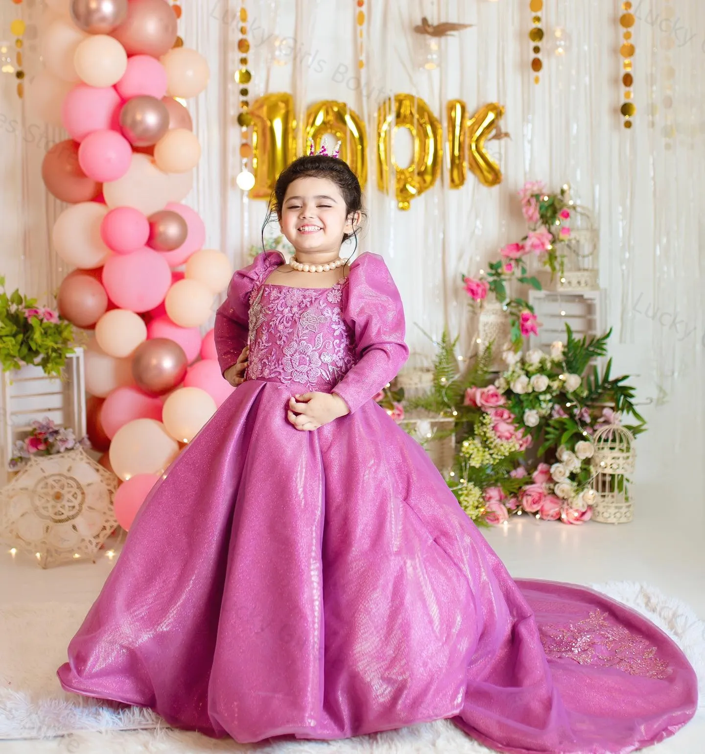 Lace Appliqued A Line Kids Party Dresses Square Neck Long Sleeve First Communion Dress Sweep Train Toddler Birthday Wear