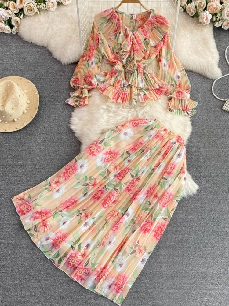 Dwuczęściowa sukienka moda damska vintage rajstopy kwiatowe swobodny elegancki koszula top aline saya 2 -częściowy kobiet