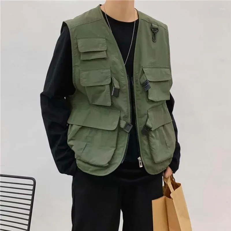 Herenvesten 2023 Mens Mode Tooling Vest Men Streetwear Cargo Hip Hop Mouwess Jacket Multi-Pocket Outdoors Coat