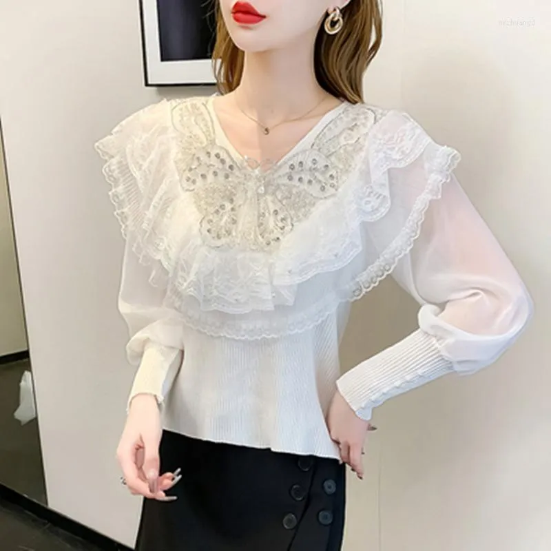 Blouses pour femmes Original Designer Printemps Mode Manches Bouffantes En Mousseline De Soie Slim Shirt Tops Femmes Col En V Diamants Dentelle Volants Chic Casual Mince