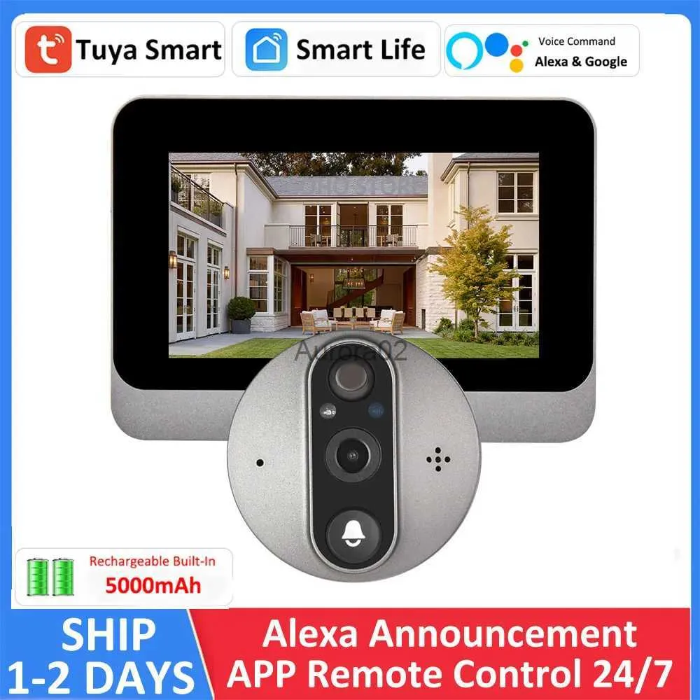 Doorbells Tuya Smart 1080p Pil Güçlü Dijital Kapı Sihirli Göz Peephol Kapı Zili Kamera Görüntüleyicisi Alexa Google Duyuru Ses Komutu YQ231111