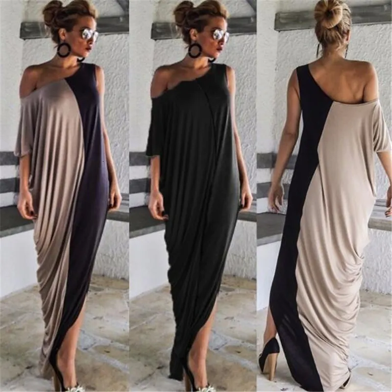 Casual Dresses 2023 Splice Contrast Panel Women Summer Loose Off Shoulder SHORT SLEVE Damer Oregelbundna Maxi Long Vestidos 230411