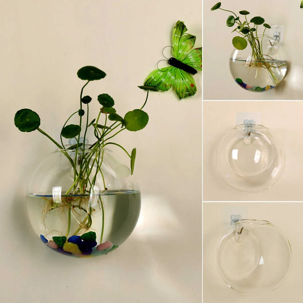 Vases Transparent Glass Vase Wall Hanging Hydroponic Terrarium Fish Tanks Potted Plant Flower pot Dia 8/10CM P230411