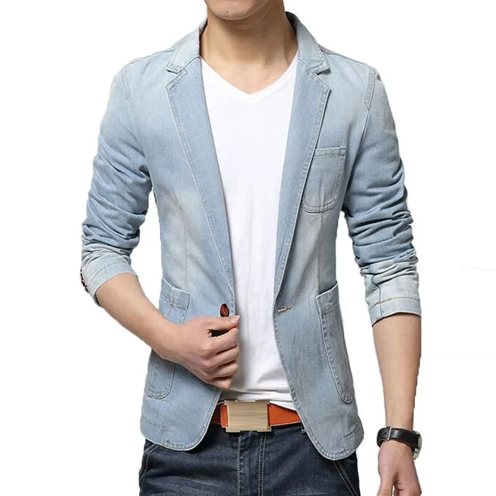 Printemps mode tout nouveau Blazer tendance Jean costumes costume décontracté Jean coupe ajustée veste en Jean Men272w