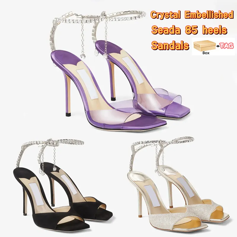 with box womens Dress Shoes Crystal Embellished Seada 85 heels Sandals purple PVC black suede Platinum dusty glitters women wedding dress for bride buckle strap shoe