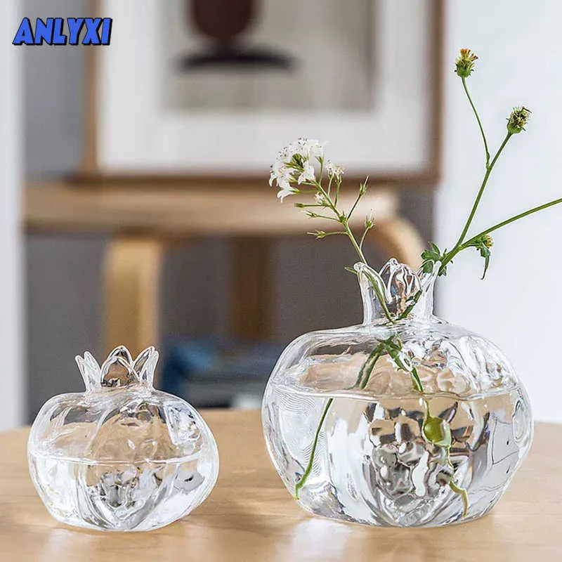 花瓶クリエイティブシンプルシンプルな小さなザクロガラス花瓶デスクトップハイドロポニック素敵な水耕栽培花の飾り家装飾花瓶透明P230411