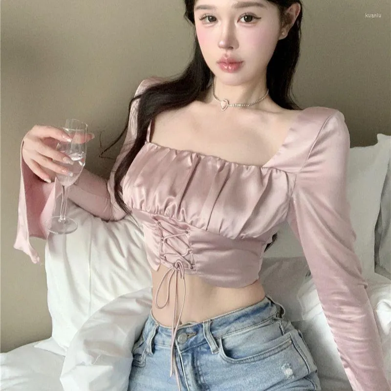女性用ブラウスHSA女性ピンクセクシーな韓国スタイルチュニックフレアスリーブシャツクロップドトップ