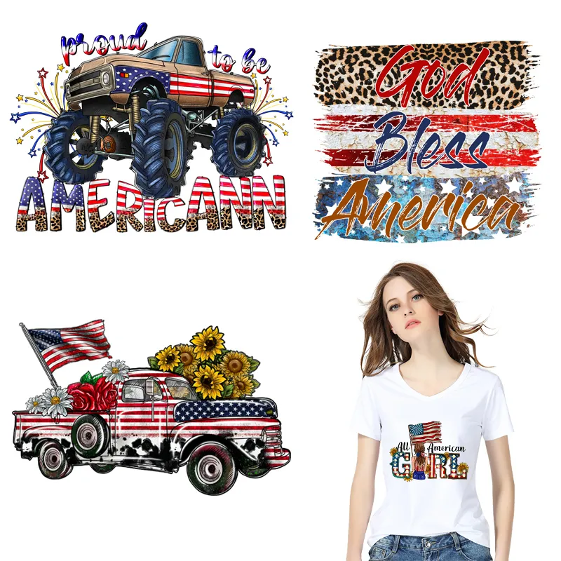 ملصق ملابس يوم الاستقلال في الرابع من يوليو من يوليو ، فتاة أمريكية للسيارة الحديد على ملابس نقل الحرارة بقع ملحقات ديي للملابس