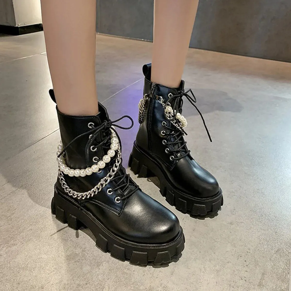 Boot's Ankel Boots Autumn 2023 Fashion Pu Leather Pearl Chain Platform Black Booties Punk British Style Casual Shoes For Ladies 231110